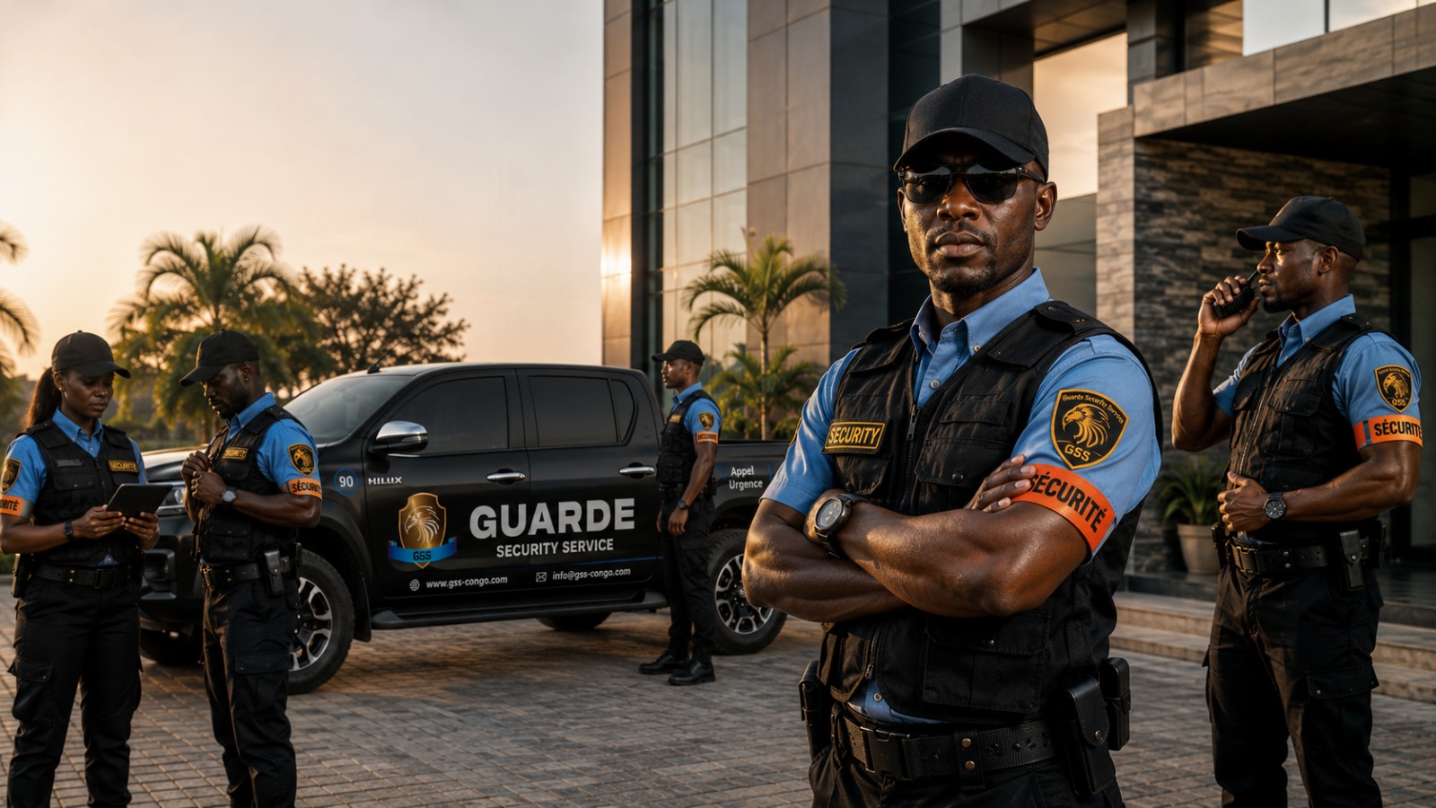 Agents GSS en uniforme devant l'emblème Guarde Security Service à Kinshasa